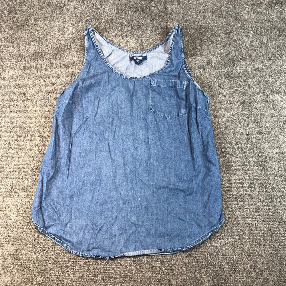 Old Navy Women Size Medium Denim Chambray Tank Top Sleeveless Pocket Blouse Blue